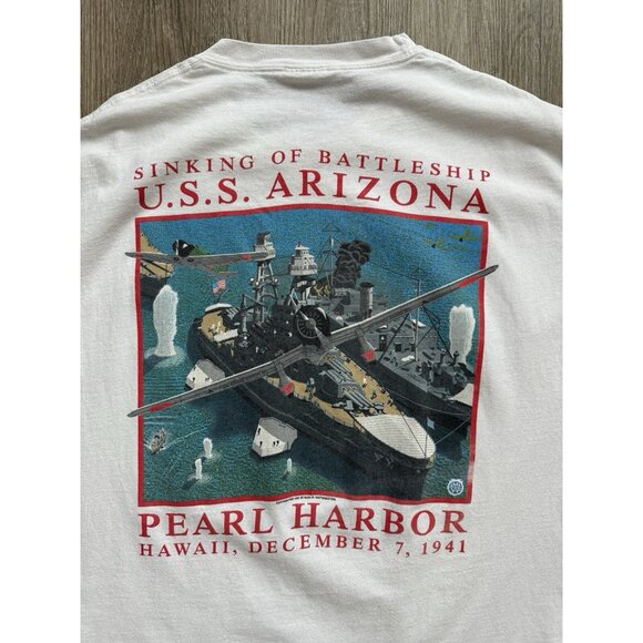 Vintage 90's USS Arizona Pearl Harbor Hawaii Battleship USA World War White Tee - Picture 3 of 16